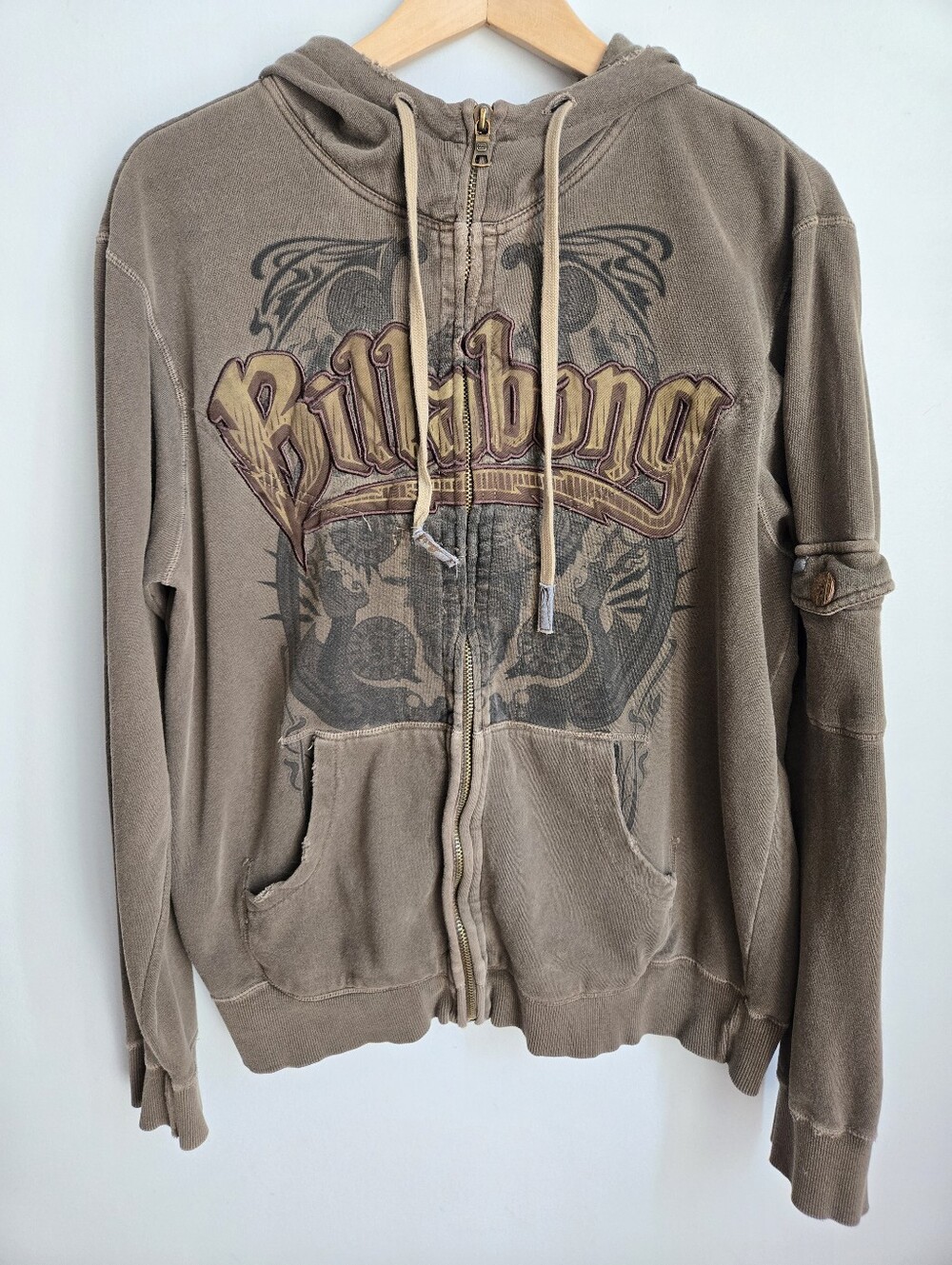 Vintage BILLABONG Men's Khaki Brown Zip-Up Hoodie Sweater